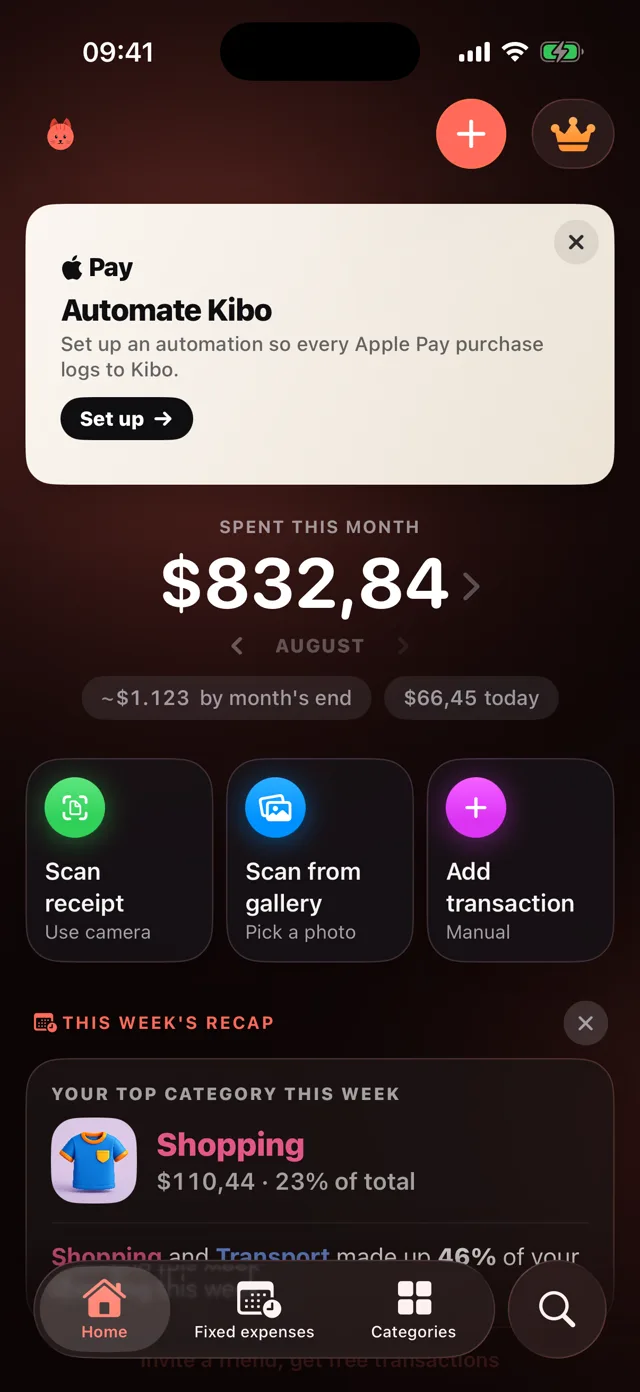 Kibo on iPhone in dark mode. Home screen with 832 dollars spent in August and quick actions to scan or add.